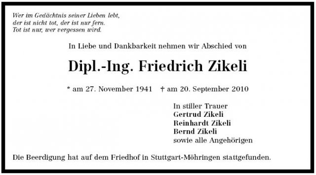Zikeli Friedrich 1941-2010 Todesanzeige